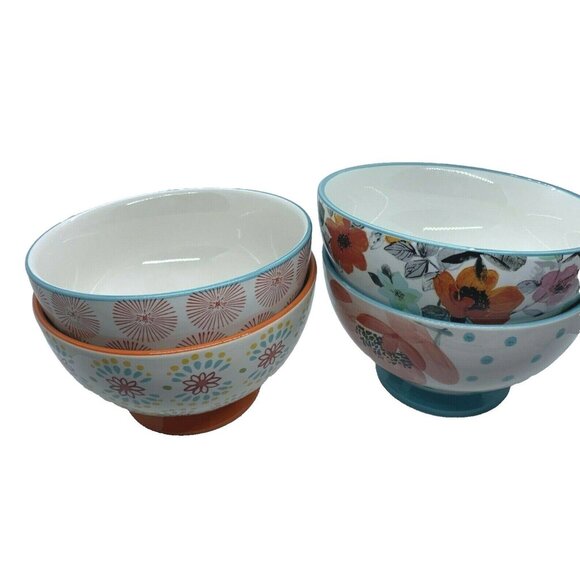 Four Pioneer Woman Cereal Soup Bowls Floral & Dots - Picture 10 of 12